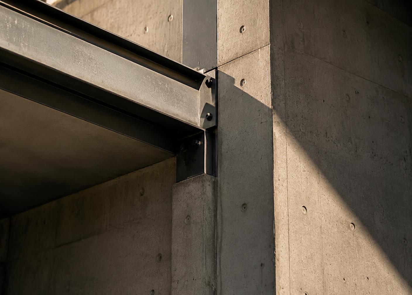 Detail of reinforced steel and structural concrete connection with technical drafting instruments