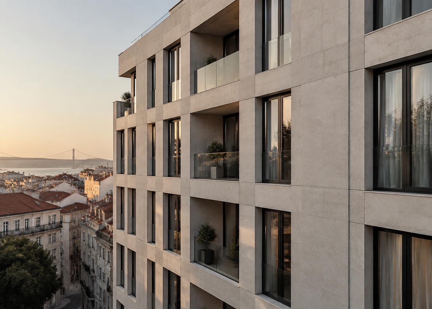 Completed contemporary stone-clad residential building overlooking Lisbon at sunset